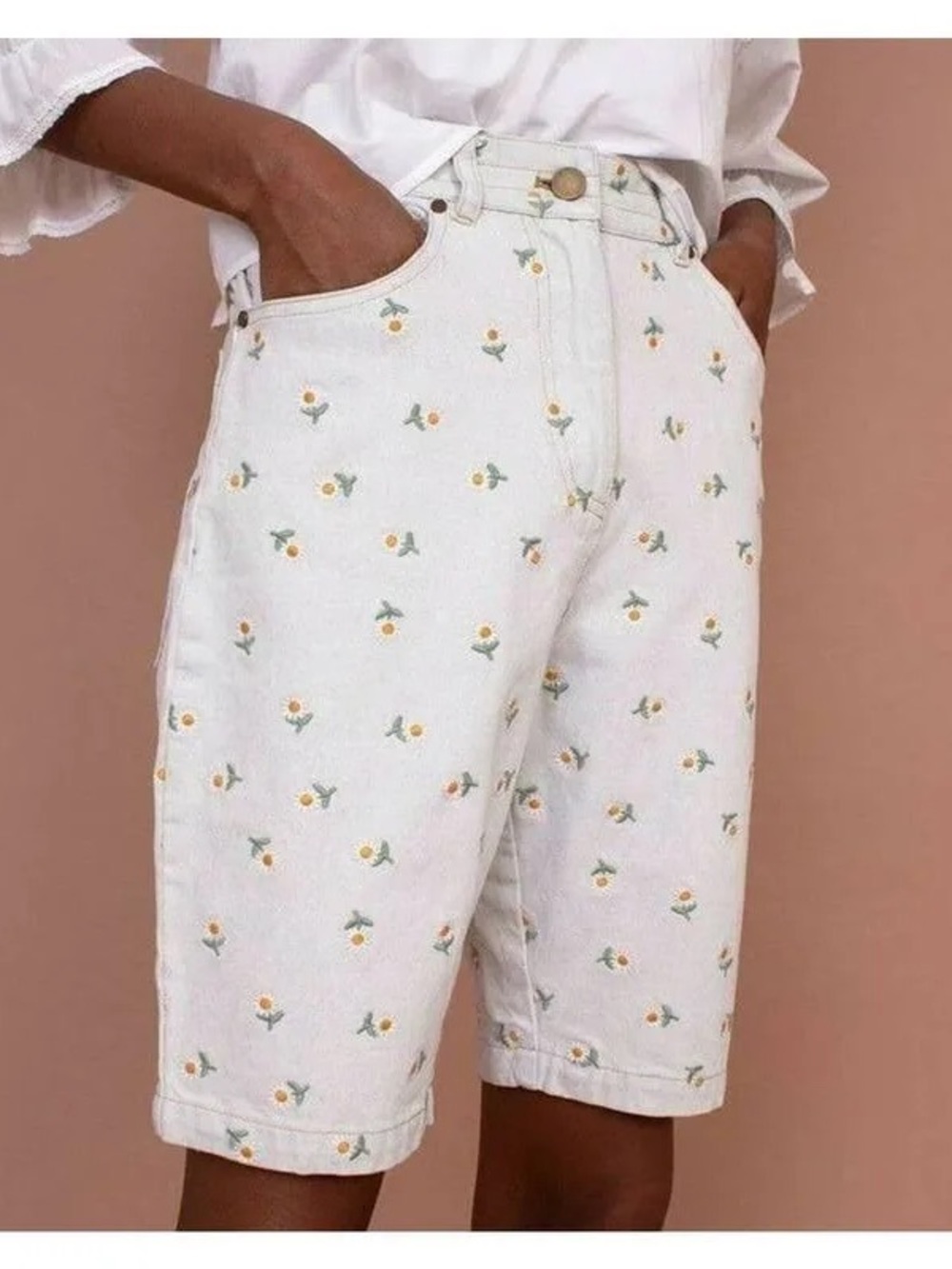 Meadows White Floral Embroidered Daisy Denim Shorts